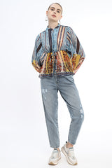 Shirt with V Neck and elasticated waist and sleeve detail in beautiful printed fabric