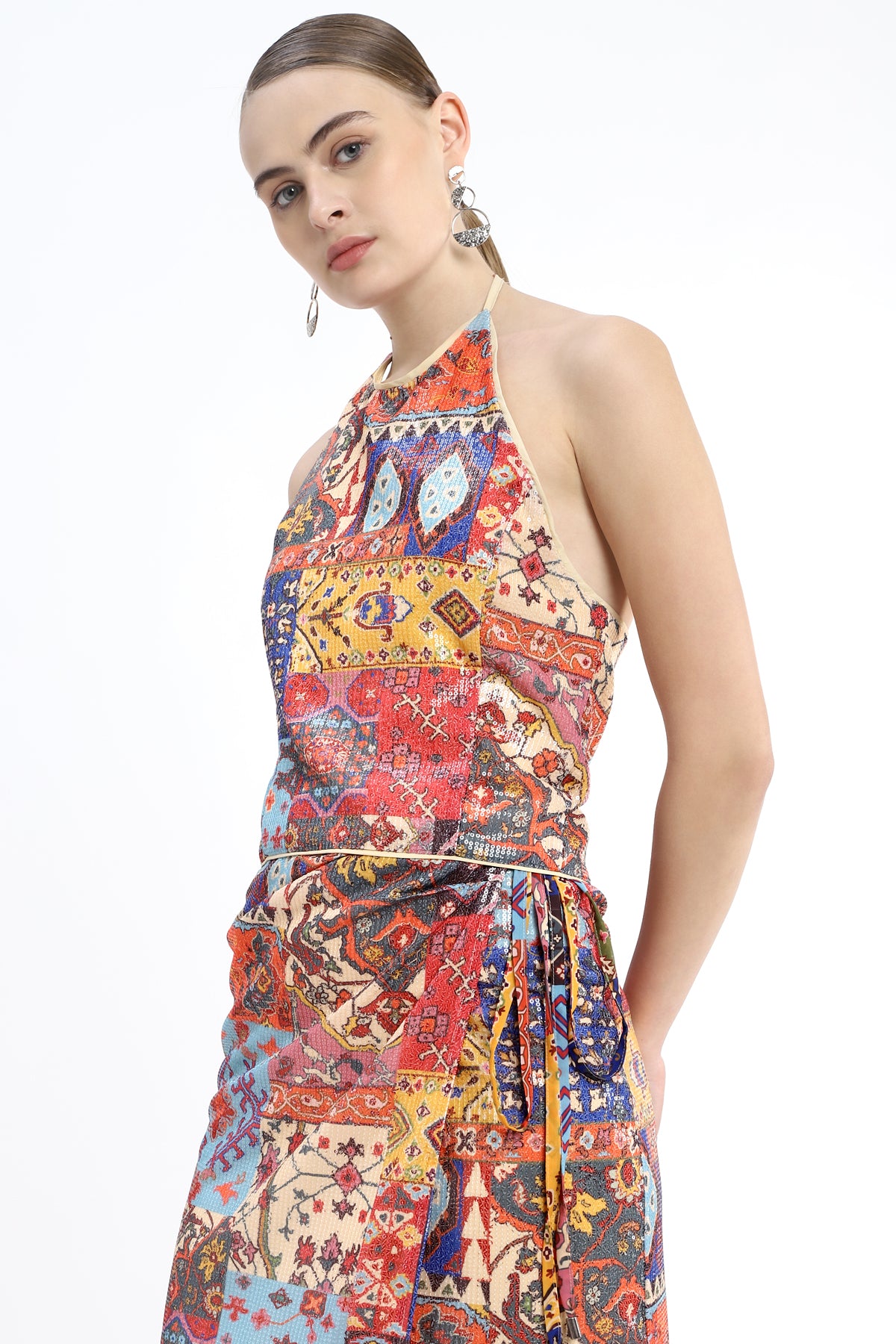 Printed Sequence top in halter neck and back zipper closure
