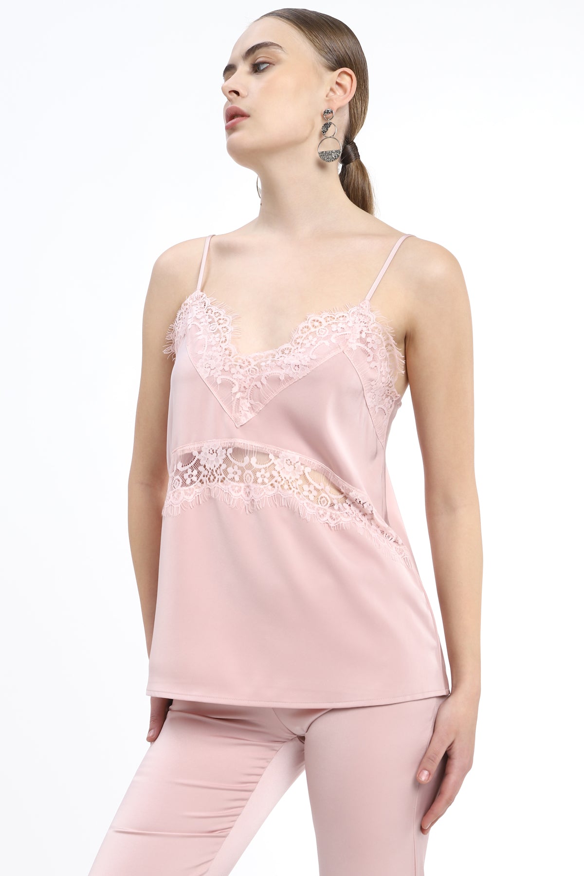 V Neck Camisole with lace detail at neck and waist