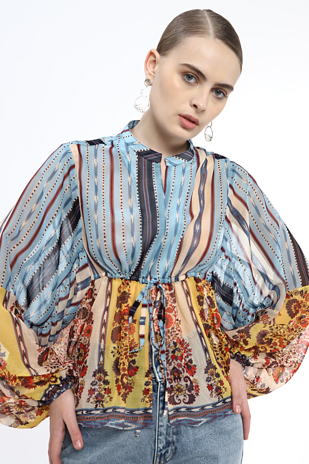 Shirt with V Neck and elasticated waist and sleeve detail in beautiful printed fabric