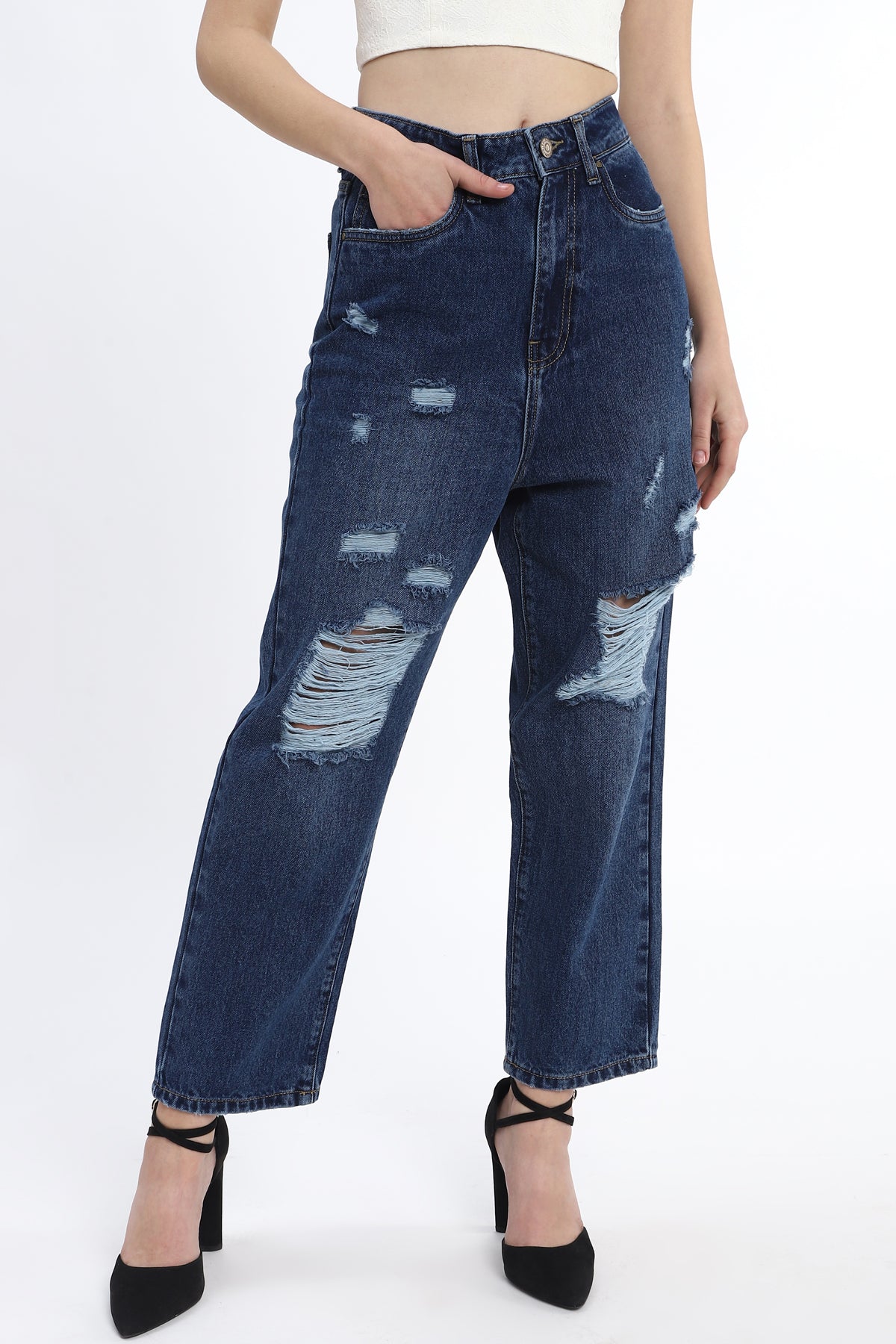 Mid wash Mom fit Jeans with distress – Encrustd